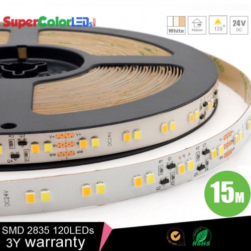 15M Super-Long Constant Current CCT Tunable White 1800 LED Strip Light Reel - Color Temperature Changing 24V LED Tape Light - 1352 Lumens/Meter.