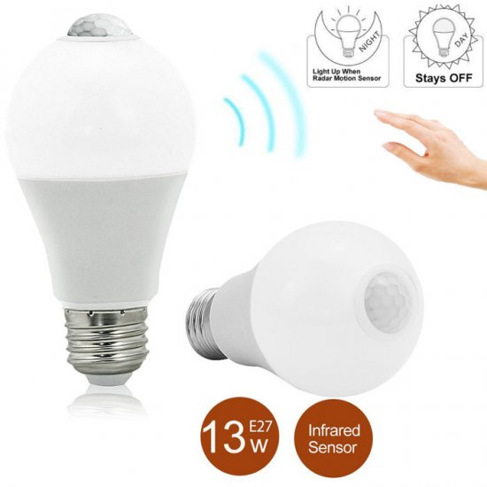 PIR Motion Sensor LED Light Bulb A60 13W E27 Auto On/Off for Stairs Garage Hallway - Click Image to Close