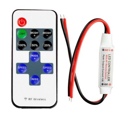 5~24VDC Single Color LED Controller with Dynamic Modes - 11 Key RF Wireless Remote