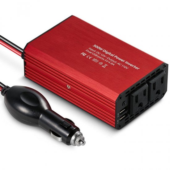 300W Car Power Inverter - Dual US Socket Dual USB 5V 4.8A 12V dc to 110V AC - Click Image to Close