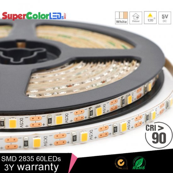 High CRI LED Strip Light - Slim 5V One LED Cuttable LED Tape Light w/ LC2 Connector - 543 Lumens/Meter. - Click Image to Close