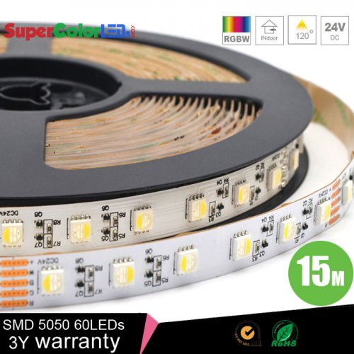 15M Super-Long Constant Current RGBW LED Strip Lights - 24V LED Tape Light w/ White and Multicolor LEDs - Advanced Color Blending - 619 Lumens/Meter.