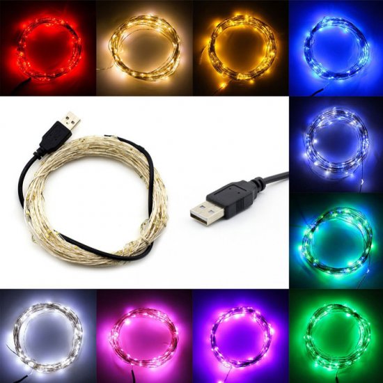 33ft/10M 100 LED Micro Waterproof Silver Copper Wire LED Fairy String Light, 5V USB Operated , Wedding Supply Christmas Decor - Click Image to Close